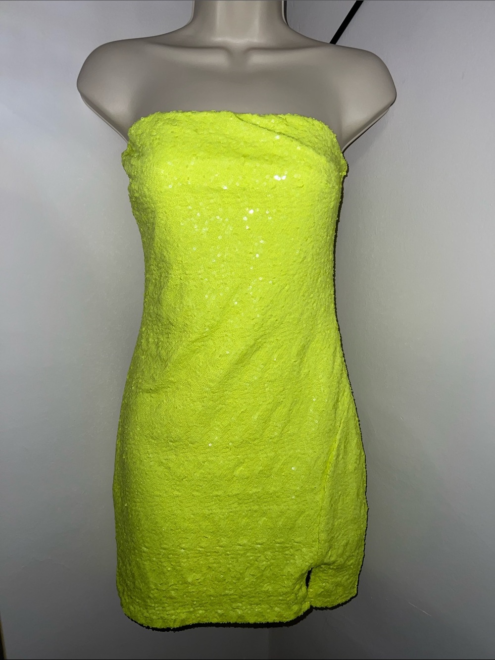 Strapless Neon Yellow Sequin Mini Dress
